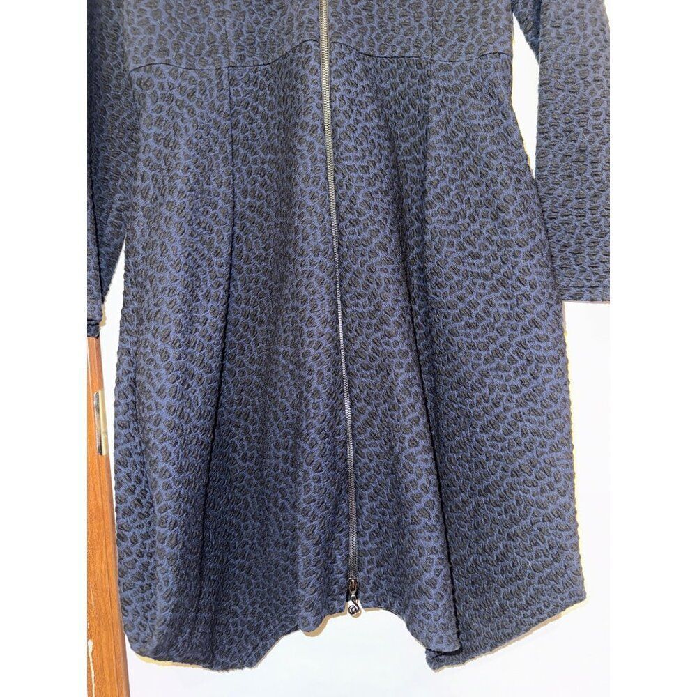 Samuel Dong Black and Navy Cheetah‎ Print Collared Dbl Zipper Coat Dress SZ Lg - Picture 12 of 16